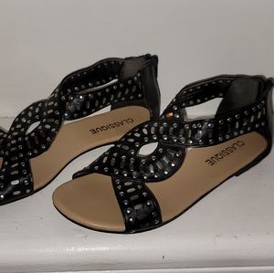 Women's Classique - Black and Chrome Stud Zip Back Sandals - Size 6.5